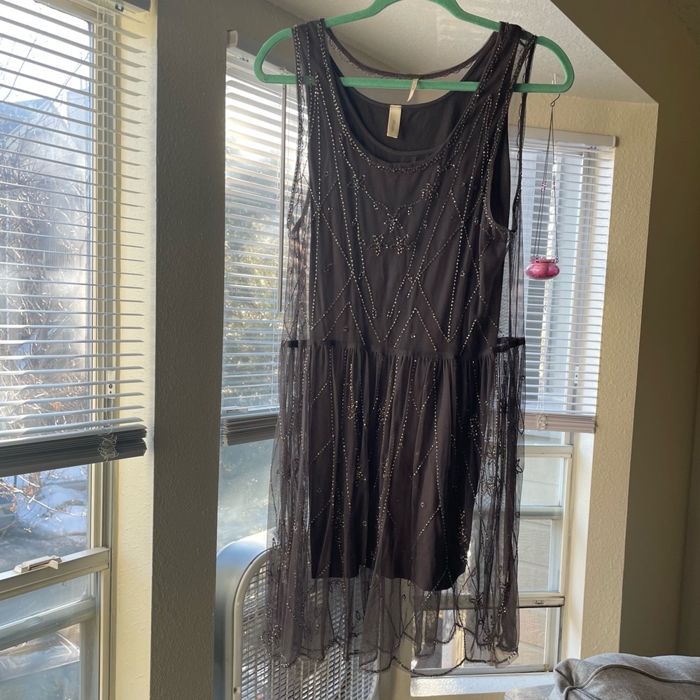 Free People Embellished Grey Sheer Slip Dress (L)